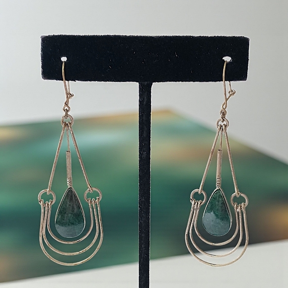 Malachite Green Stone Wire Design Earrings Teardrop Dangle Dainty Bohemian Gypsy - Picture 15 of 16